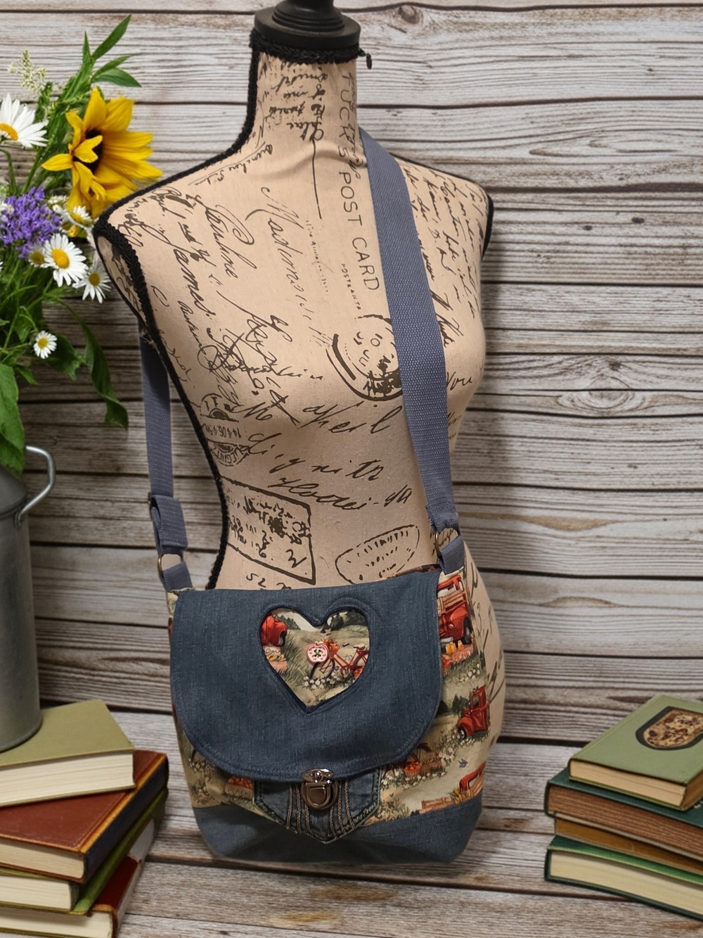 Denim Heart Accent Crossbody Bag in Blue